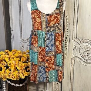 Vintage Colorful Patchwork Button-Down Empire Waist  Mini Dress